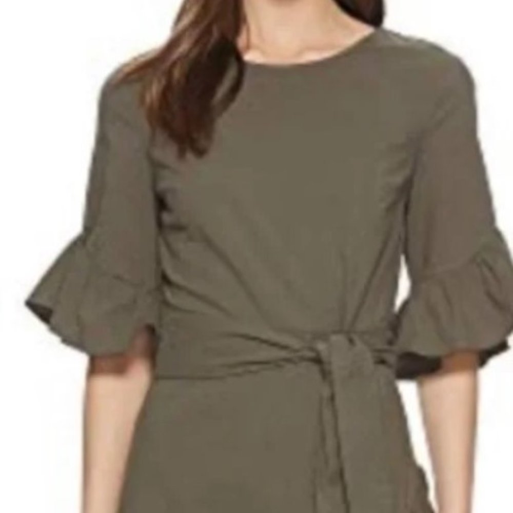 1. STATE - Asymmetrical Ruffle Wrap Dress, Olive,  US 6